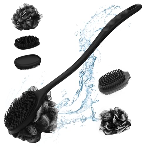 VWMYQ Silicone Back Scrubber for Shower, Bath Body Brush with Long Handle, Double Sided Shower Brush for Shower Exfoliating and Massage Can Produce Rich Foam, Long Handle Back Scrubber for Men