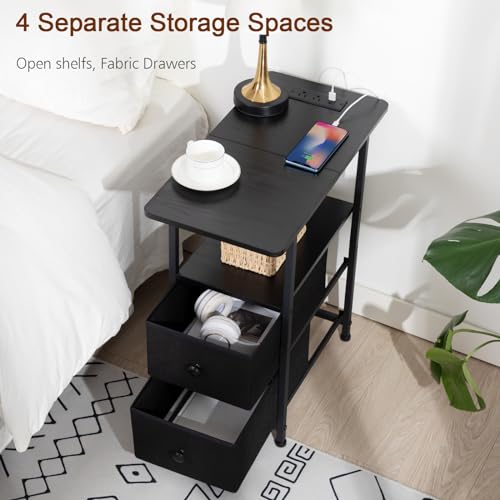 AMHANCIBLE Narrow Nightstand with Charging Station, Slim End Side Table with USB Ports and Outlets, Bedside Table with 2 Fabric Drawers for Bedroom, Living Room, Small Space, Black, HETN012BK-1