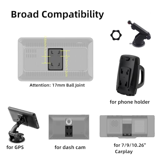 Epronic Flexible Dashboard Suction Cup Bracket Mount for Carplay Screen Monitor, Compatible with Most 7Inch 9Inch 9.3 Inch 10.26 Inch Portable Monitor Cell Phone Windshield Suction Cup Mount