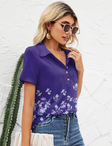 TFSDOD Womens Casual Polo T Shirts V Neck Short Sleeve Button Down Business Casual Tops Loose Work Blouses Floral Apricot Black S