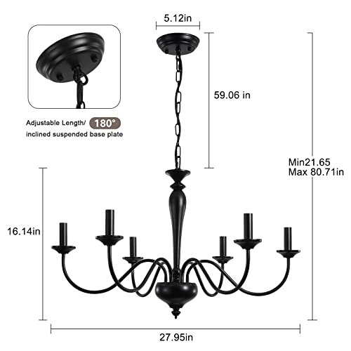 QAREHL Black Chandelier for Dining Room 6 Light Rustic Industrial Farmhouse Lighting Fixtures Hanging Candlestick Chandeliers for Living Room, Foyer, Bedroom, Office, Bar,Island Lights