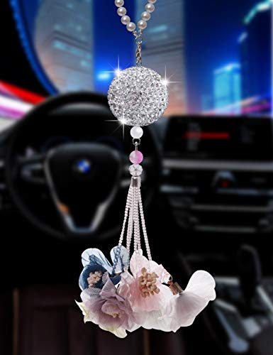 Bling Car Accessories for Women and Man,Cute Car Decor for Women,Lucky Crystal Sun Catcher Ornament,Rear View Mirror Crystal Ball Charm Decor (Crystal Ball - Flower-B)