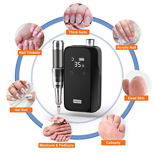 KARITE Nail Drill for Acrylic Nails Professional, 35000RPM Portable Nail File, Electric Nail Drill Machine 24H Working Time, Coreless Motor and 12 Bits, for Nail Art Manicure Pedicure, Low Noise