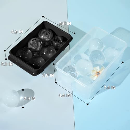 WIBIMEN Large Ice Cube Tray, 2IN Whiskey Ice Mold, 2 Pack Sphere Ice Cube Mold with Bin & Tong, Leak-free Round Ice Cube Mold, Easy Fill & Release Ice Ball Maker for Whiskey Cocktails Bourbon(Black)