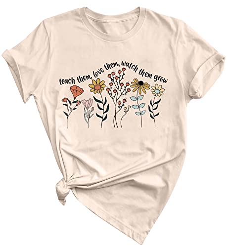 Women Teacher Shirt Teach Them Watch Them Grow Tshirt Teacher Appreciation Shirt Wildflower Graphic Tee Top A-Apricot