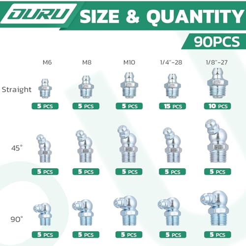 OURU 120PCS SAE Grease Fittings Assortment,NPT 1/4" 1/8" Zerk Grease Fittings Kit Straight 45 90 Degree Grease Nipple