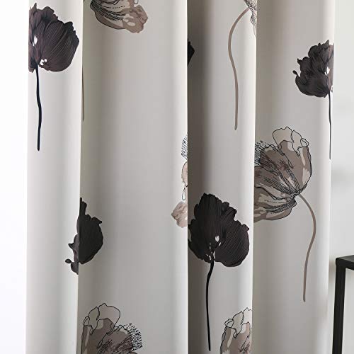 Taisier Home Floral Print Thermal Insulated Bedroom Heat Absorbing Room Darkening Energy Efficient Savings Living Room Window Curtain Grommet Panels, Set of 2, 52 W x 63 L, Black/Grey/Brown