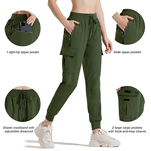 M MAROAUT Women's Hiking Pants Cargo Joggers with Pockets, Lightweight Quick-Dry Athletic Sweatpants for Running Gym Workout Army Green