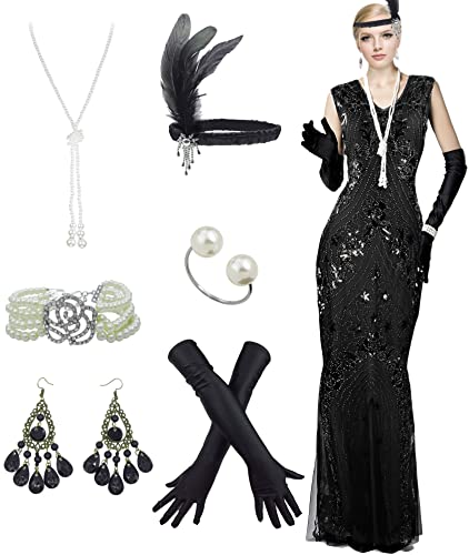 Women Evening Dress 1920s Floral Sequin Mermaid Hem Maxi Long Formal Ball Gown with 20s Accessories Set (Small, Style Black Silver)