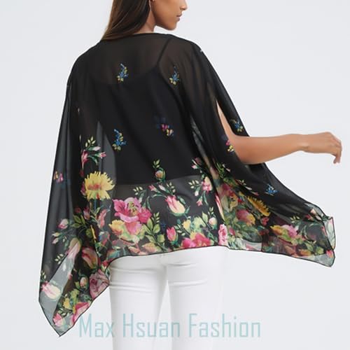 Max Hsuan Women's Loose Solid Sheer Chiffon Caftan Poncho Batwing Tunic Top Blouse Summer Oversized Shirts Floral White