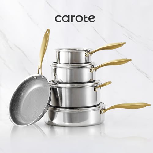 CAROTE Tri-Ply Stainless Steel Cookware Set, 9 Pcs Stainless Steel Pots and Pans Set with Tempered Glass Lids, Stay-Cool Golden Handles, Dishwasher and Oven Safe, California Collection, Cream White