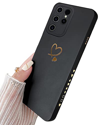 Qokey for Galaxy S23 Ultra Case 6.8 inch,Cute Bling Plated Gold Love Heart with Anti-Fall Camera Lens Cover Protection Soft Anti-Fingerprint Phone Case for Samsung Galaxy S23 Ultra 6.8" Black