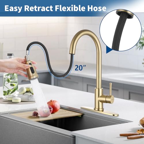 GUUKAR Gold Kitchen Faucet with Pull Down Sprayer, Modern Brushed Gold Single Handle Kitchen Sink Faucet with Deck Plate