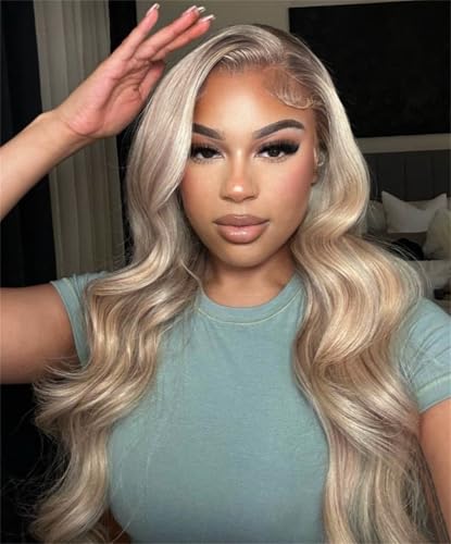Rina 200% Density Milk Tea Ash Blonde Lace Front Wig Human Hair Upgrades Body Wave Platinum Grey Balayage Lace Front Wig More Full and Thicker 13x4 HD Invisible Frontal Wig for Women 18 Inch