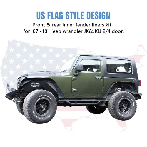 ROADER Front & Rear Inner Fender Liners US Flag Pattern Liner for 2007-2018 Jeep Wrangler JK JKU Unlimited Sport Sahara Rubicon 2/4 Doors