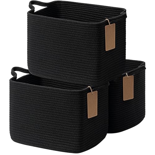 Goodpick Woven Basket, Storage Baskets for Shelves, Small Laundry Basket Pack of 3, Toy Baskets Storage Kids, Towel Baskets for Bedroom, Living Room, 13 x 10 x 9 Inches, Black