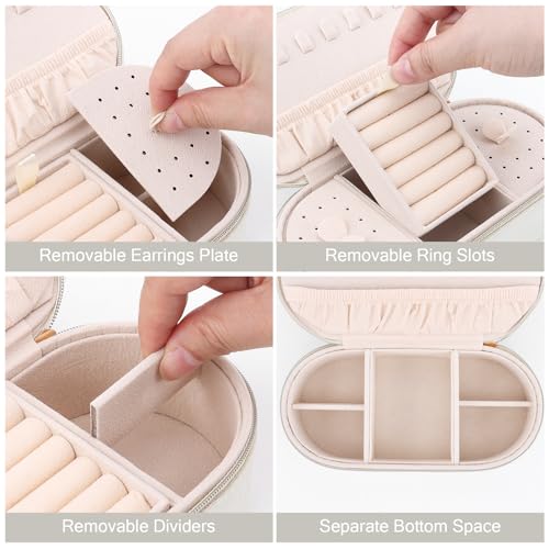 DesignSter Travel Jewelry Box, Velvet Small Jewelry Boxes, Travel Jewelry Case for Women Girls, Travel Jewelry Organizer for Rings Earrings Necklaces Bracelets (Beige)