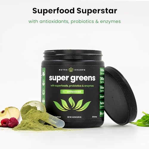 NutraChamps Super Greens Powder Premium Superfood | 20+ Organic Green Veggie Whole Foods | Alfalfa, Spirulina, Chlorella & More | Antioxidant, Digestive Enzyme & Probiotic Blends | Unflavored