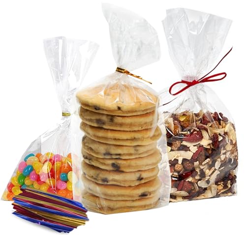 Clear Treat Bags (200 pack) - 4x6 Clear Plastic Gift Bags with 4” Twist Ties 3 Mix Colors - BPA-free Clear Candy Bags for Packaging - Thick OPP Cookie Bags for Wedding, Cakes, Pops, Gift