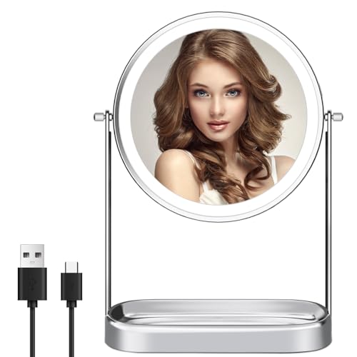 FASCINATE 10X Lighted Makeup Mirror with Storage, Rechargeable Magnifying Mirror with Lights 8", Brightness Adjustable, Double Sided 360°Rotation, Table Vanity Mirror 3 Color with Magnification