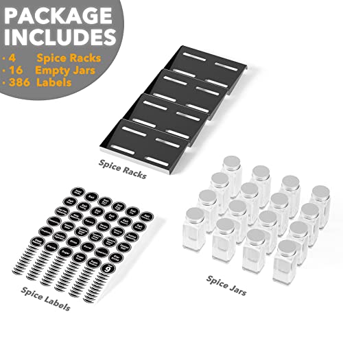 SpaceAid Spice Drawer Organizer with 16 Spice Jars, 386 Spice Labels, 4 Tier Seasoning Rack Tray Insert for Kitchen Drawers, 7.5" Wide x 17.5" Deep