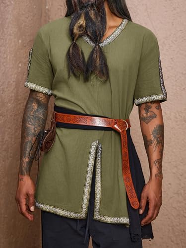 Runcati Mens Medieval Pirate Tunic Renaissance Viking Knight Costume Linen Short Sleeve LARP Halloween Tops
