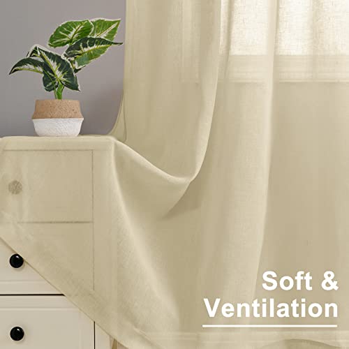 XWZO Faux Linen Semi Sheer Curtains 54 Inch for Living Room - Soft Privacy Enhancing & Light Filtering Window Curtains for Bedroom/Small Windows, Beige, 52 x 54 Inch Length, Set of 2 Panels