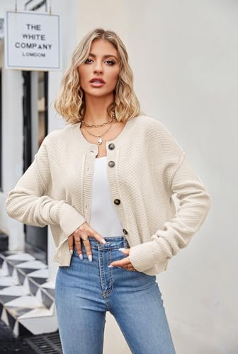 cosofme Women's Cardigan Sweaters Fall Long Sleeve Open Front Button Down Cable Knit Cropped Cardigans Beige