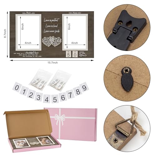 Then and Now Anniversary Picture Frame, 1-99 Years Wedding Gift Ideas, Engagement Bridal Shower Gifts, 25th Anniversary Wood Double Photo Frame for Couple, 4x6 Inches Photos