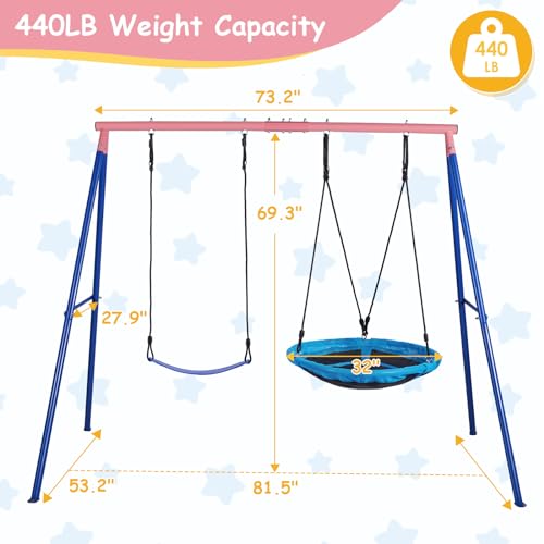 Lunafun Outdoor Swings for Kids, 440lbs, Heavy-Duty A-Frame Metal Outdoor Swing Stand, 1 Saucer & 1 Belt Swing Seat for Playground, Backyard Blue