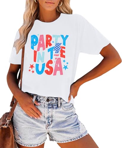 FLOYU Women Party in The USA Shirt Retro 4th of July Party T Shirt USA Lightning Tops Casual America Patriotic Shirts