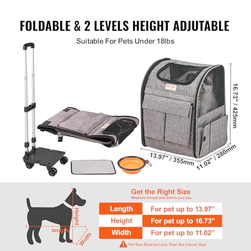 VEVOR Rolling Pet Carrier Backpack with Wheels for Under 18LBS, Large Soft Sided Wheeled Dog Carrier Cat Travel Carrier Airline Approved for Small Dogs and Medium Cats with Upgraded Wheels