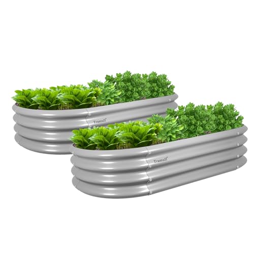 Tramull 2 Pack 4x2x1FT Galvanized Raised Garden Bed Kit Oval Metal Ground Planter Box Outdoor Bottomless Planter Raised Beds for Vegetables Flowers Herbs Fruits, Green
