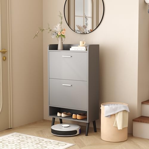 HOMEFORT Shoe Cabinet for Entryway, Shoe Storage Cabinet with 2 Flip Drawers, 30" Narrow Shoe Organizer Cabinet for Front Door Entrance, Modern Slim Hidden Shoe Rack Cabinet in Balck