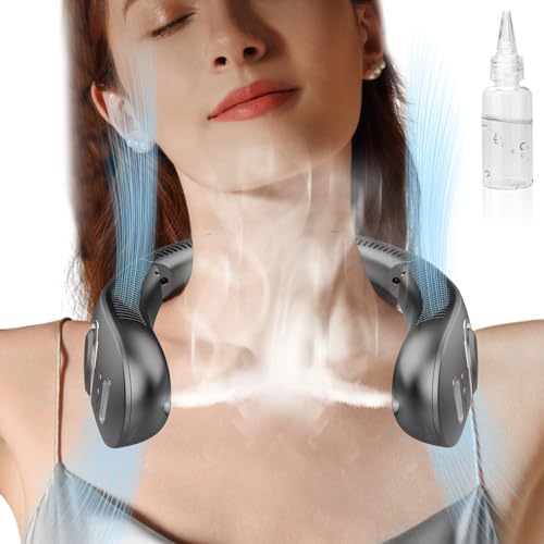 Neck Fan with Mist,Portable Neck Fans that Blow Cold Air,Foldable Water Cooler Fan Sprayer with Bottle,Leafless Battery Powered Neck Fan Rechargeable,Best Necklace Fan for Hot Flashes Summer Apricot