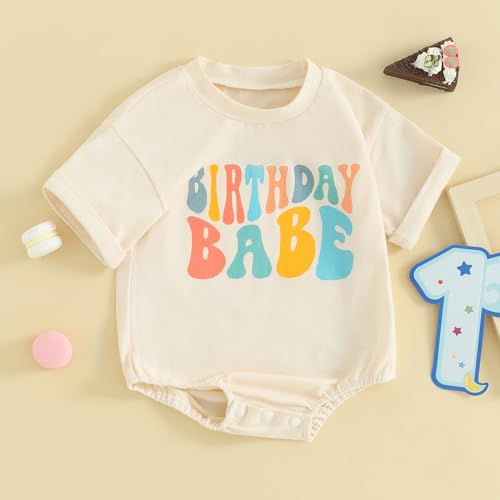 Kayotuas Baby First Birthday Outfit Boy Girl Cute Birthday Bubble Romper Colorblock Letter T Shirt Onesie Cake Smash Clothes (Birthday Babe Apricot, 6-12 Months)