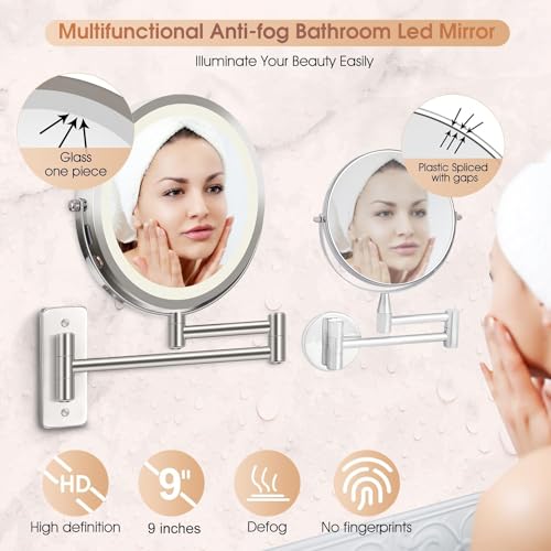 Wall Mounted Lighted Makeup Mirror Brushed Nickel, 1X/10X Magnifying Vanity Mirror with 3 Color Lights, LED Dimmable 4000mAh Rechargeable Light up Mirror, 360° Swivel Shaving Mirror 17 Inch Extendable