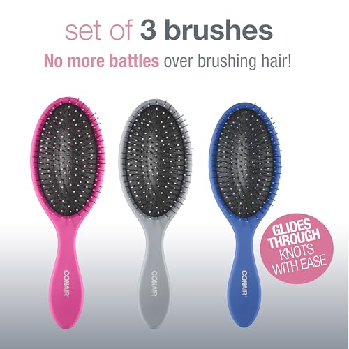 Conair Detangling Hair Brush - wet brush - For wet and dry hair - Features flexible bristles- 3 PK Blue, Pink, & Gray