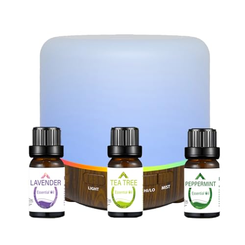 Essential Oil Diffuser with Essential Oils Set, 120ml 7 LED Colors Auto Shut-Off Humidifiers, Essential Oils-Lavender Tea Tree Peppermint, Mist Aromatherapy for Home Office Yoga Spa, Black Wood Grain