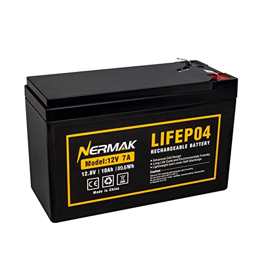 NERMAK 12V 7Ah (7.2Ah) Lithium LiFePO4 Deep Cycle Battery, 2000+ Cycles Lithium Iron Phosphate Rechargeable Battery for Solar Powar, Lighting, Power Wheels, Fish Finder and More, Built-in 8A BMS