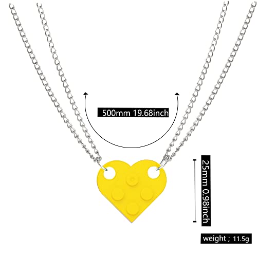 Bricks Assembled Pendant Necklace Heart Shape Matching Geometric Block Charms Valentines Day Friendship Creative Jewelry Gift for Couple Lover Best Friends (Orange)