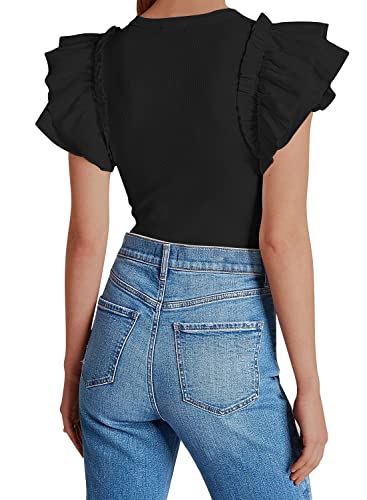 MISSJOY Women‘s Summer Casual Ruffle Short V Neck Stretchy T Shirt Thong Bodysuits Tops Royal Blue L