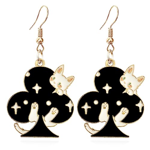 Unique Funny 14K Gold Plated Hypoallergenic Poker hearts and Spades A Ace Playing Cards Cat Dangle Drop Earrings For Women Square and Plum Poker Gambling Casino Jewelry Gifts (Style-2)