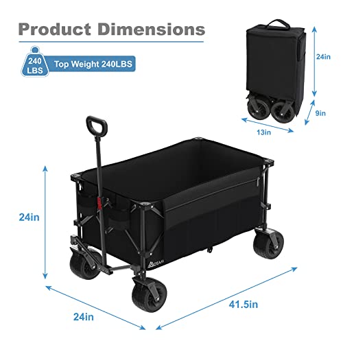 Mdeam 220L Collapsible Foldable Wagon, Heavy Duty Folding Utility Cart with Big All-Terrain Beach Wheels, Cup Holders, Side Pockets and Adjustable Handle for Camping, Garden, Sports, Shopping (Black)
