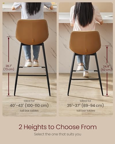 VASAGLE Bar Stools Set of 2, Counter Height Bar Stools with Back, Ergonomic Backrest, Synthetic Leather, Metal Legs, 24.4-Inch Tall Stools for Kitchen Island Home Bar, Caramel Brown ULBC088K01