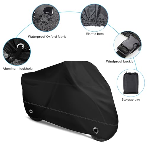 XYZCTEM Motorcycle Cover -Waterproof Outdoor Storage Bag,Made of Heavy Duty Material, Fits up to 87" Harley Davison and All Motors(Black& Lockholes& Professional Windproof Strap)