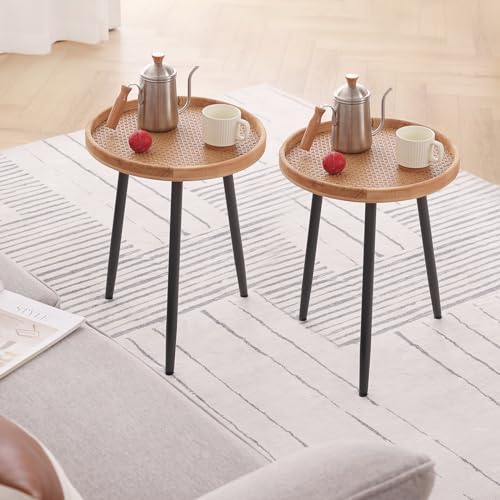 Welnow 2 Pcs Rattan Round Side End Table, Indoor Accent Small Log Desktop Night Stand with Wooden Tray and Metal Stand for Living Room, Bedroom, Office, Small Spaces