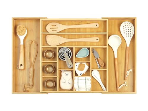 StorageWorks Bamboo Drawer Cutlery Organizer, Expandable Cutlery Organizer, Silverware Holder for Silverware, Flatware, Stationery, Tools, Natural Wood Color