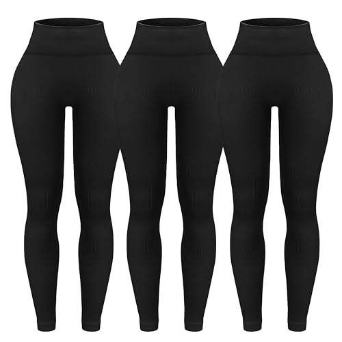 OVESPORT 3 Piece Ribbed Seamless Leggings for Women High Waist Workout Gym Athletic Yoga Pants Black/Black/Black