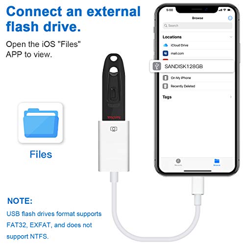 Lightning to USB Camera Adapter Lightning Female OTG Cable Adapter for Select iPhone,iPad Models Support Connect Camera, Card Reader, USB Flash Drive, MIDI Keyboard, White